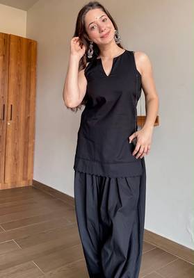 Black floral printed pure cotton sleeveless kurta farshi salwar set for women 2