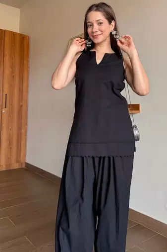 Black floral printed pure cotton sleeveless kurta farshi salwar set for women