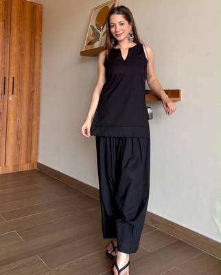 Black floral printed pure cotton sleeveless kurta farshi salwar set for women 4