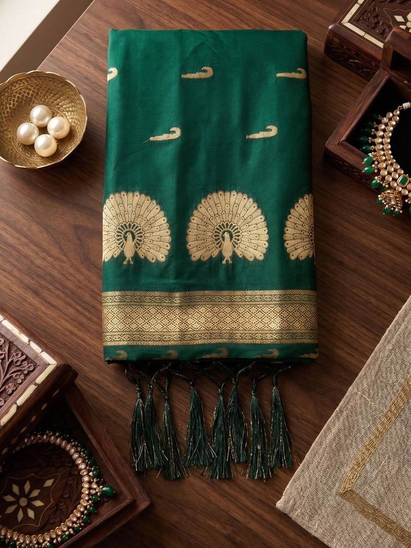 green silk blend zari woven saree