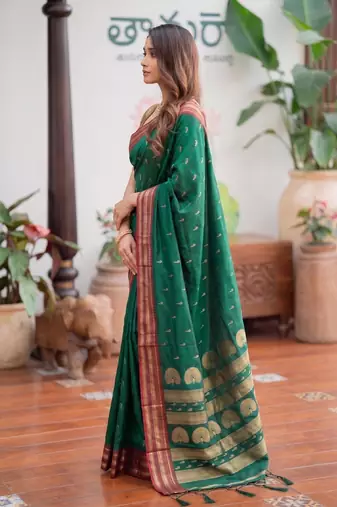 green silk blend zari woven saree
