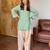 Sea green & cream floral printed pure cotton full sleeve v-neck kurta set for women
