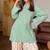 Sea green & cream floral printed pure cotton full sleeve v-neck kurta set for women