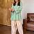 Sea green & cream floral printed pure cotton full sleeve v-neck kurta set for women