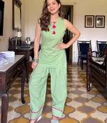 Sea green floral printed pure cotton sleeveless kurta farshi salwar set for women