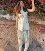 Sea green floral printed pure cotton sleeveless kurta farshi salwar set for women
