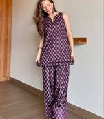 Wine floral printed pure cotton sleeveless kurta farshi salwar set for women