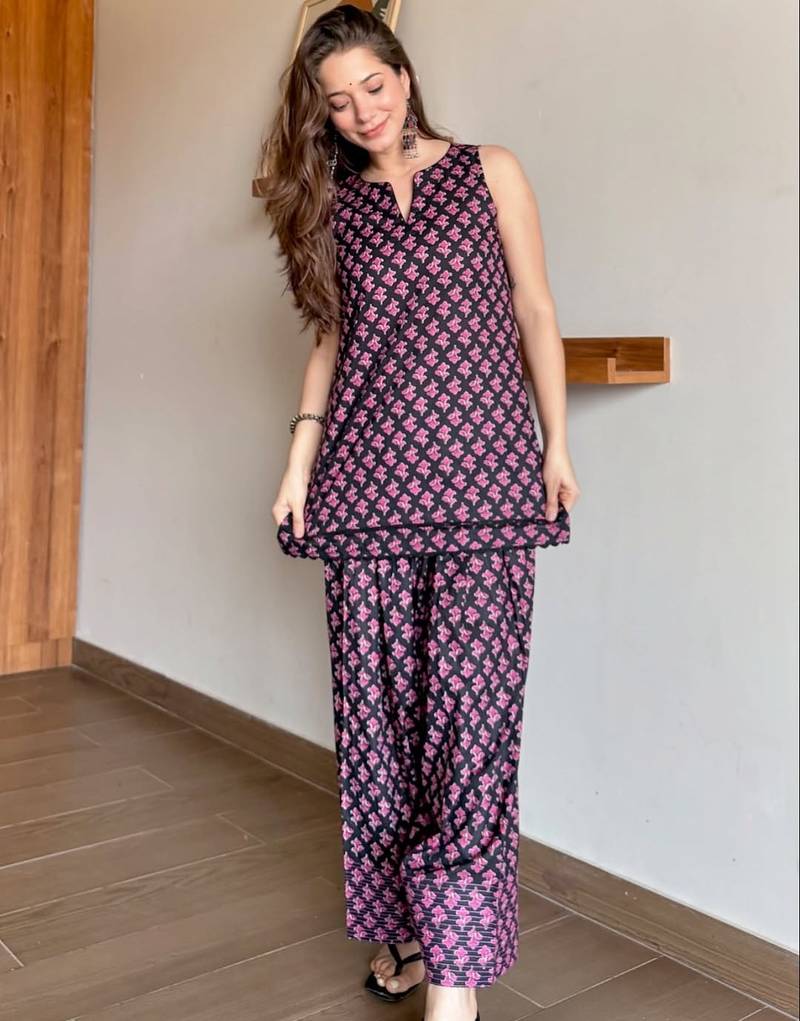 Wine floral printed pure cotton sleeveless kurta farshi salwar set for women