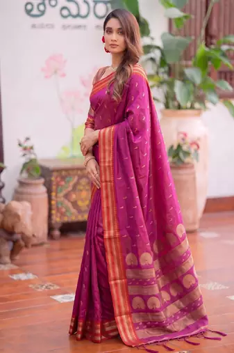 magenta silk blend zari woven saree