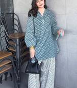 Blue floral printed pure cotton full sleeve v-neck kurta set for women