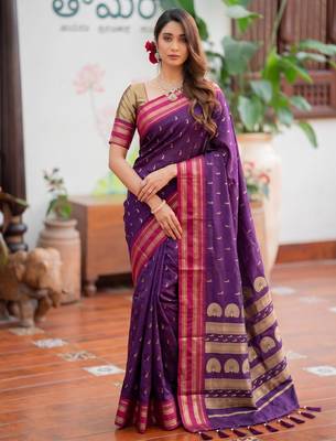 purple silk blend zari woven saree 1