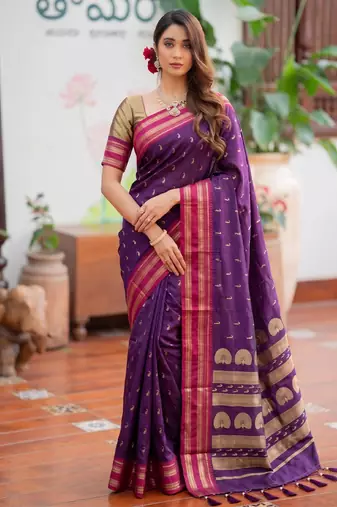 purple silk blend zari woven saree