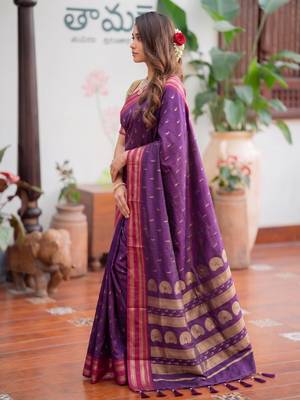 purple silk blend zari woven saree 3