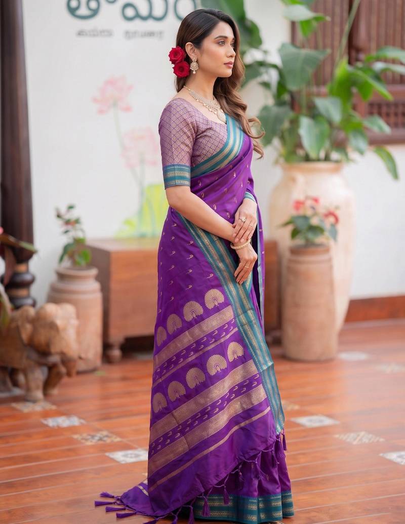 purple silk blend zari woven saree