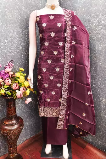  embroidered jimmy choo silk unstitched dress material with scalloped dupatta