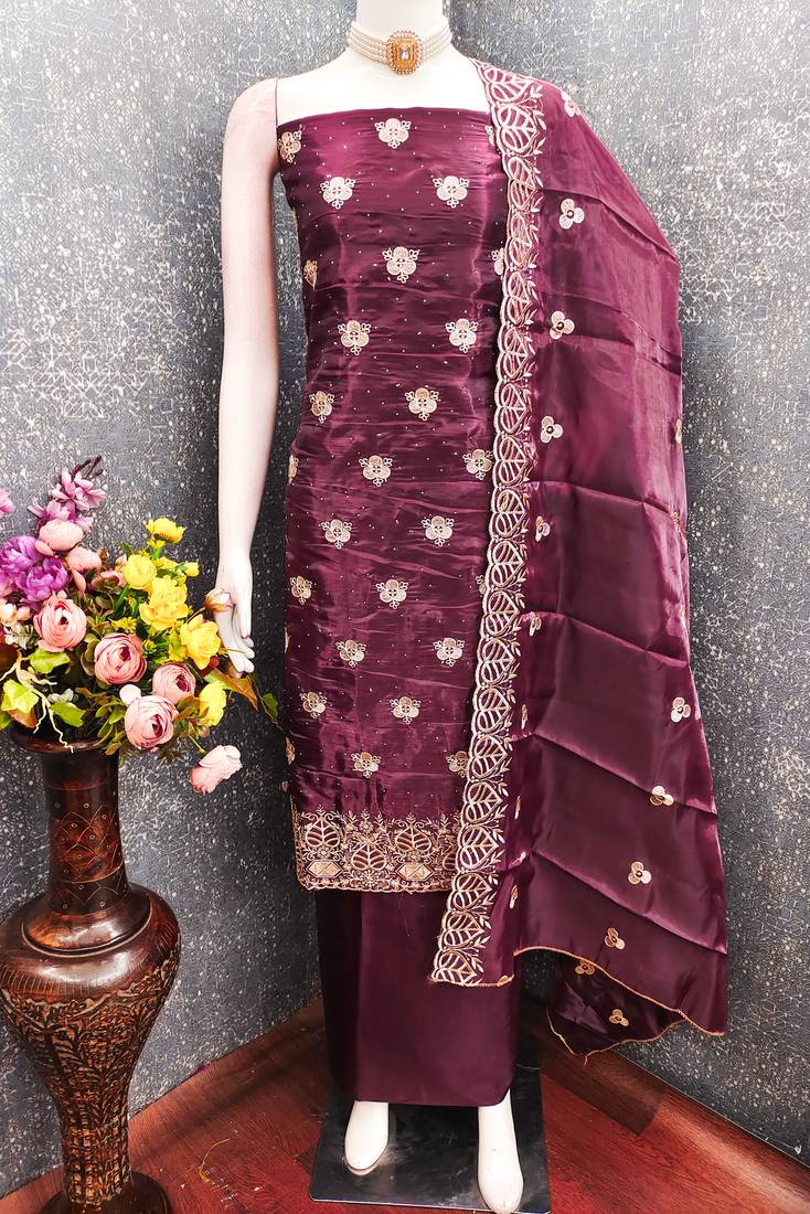  embroidered jimmy choo silk unstitched dress material with scalloped dupatta