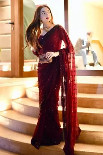Wine georgette sequins work embroidered saree
