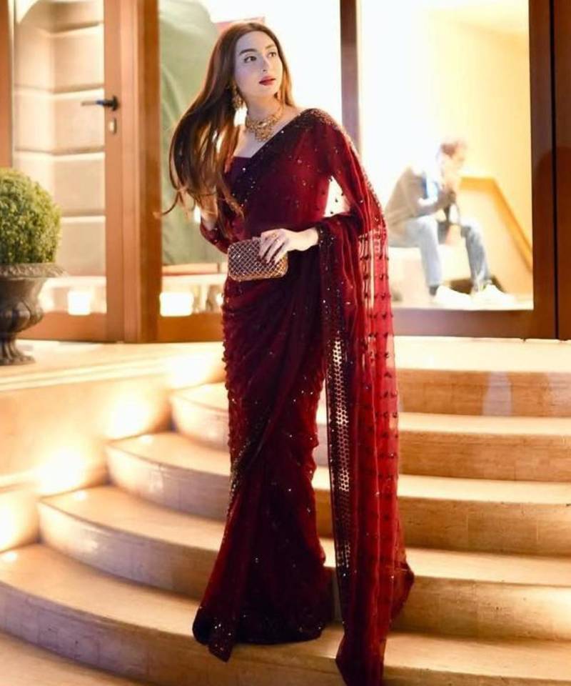 Wine georgette sequins work embroidered saree