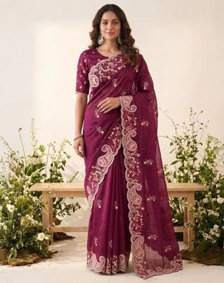 Wine silk blend resham embroidery embroidered saree 1