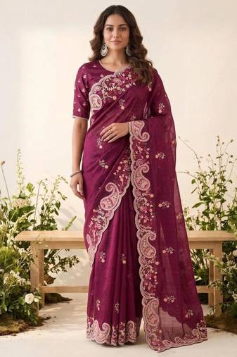 Wine silk blend resham embroidery embroidered saree