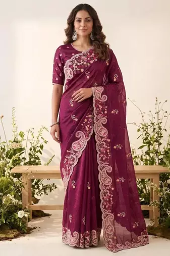 Wine silk blend resham embroidery embroidered saree