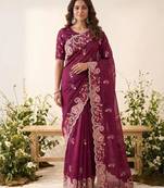 Wine silk blend resham embroidery embroidered saree