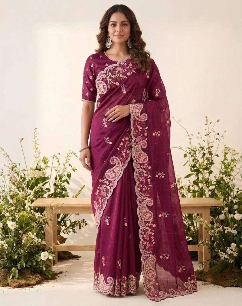 Wine silk blend resham embroidery embroidered saree
