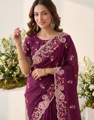 Wine silk blend resham embroidery embroidered saree 2