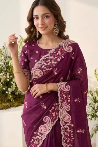 Wine silk blend resham embroidery embroidered saree