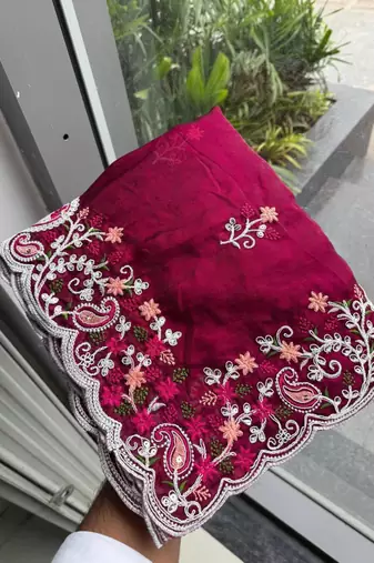 Wine silk blend resham embroidery embroidered saree