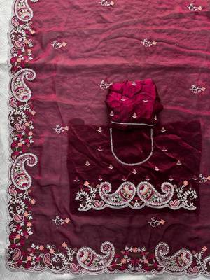 Wine silk blend resham embroidery embroidered saree 4