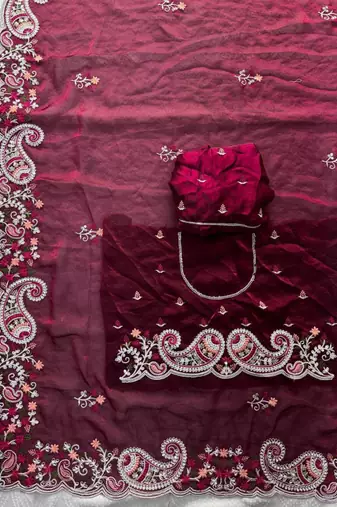 Wine silk blend resham embroidery embroidered saree