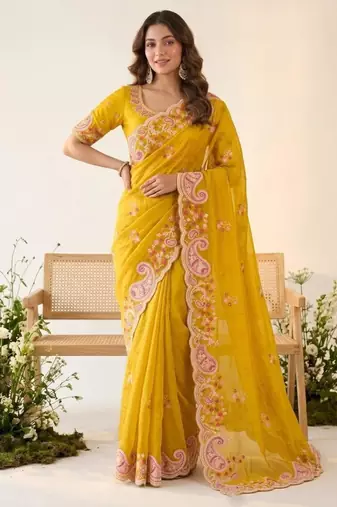 Yellow silk blend resham embroidery embroidered saree