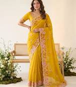 Yellow silk blend resham embroidery embroidered saree