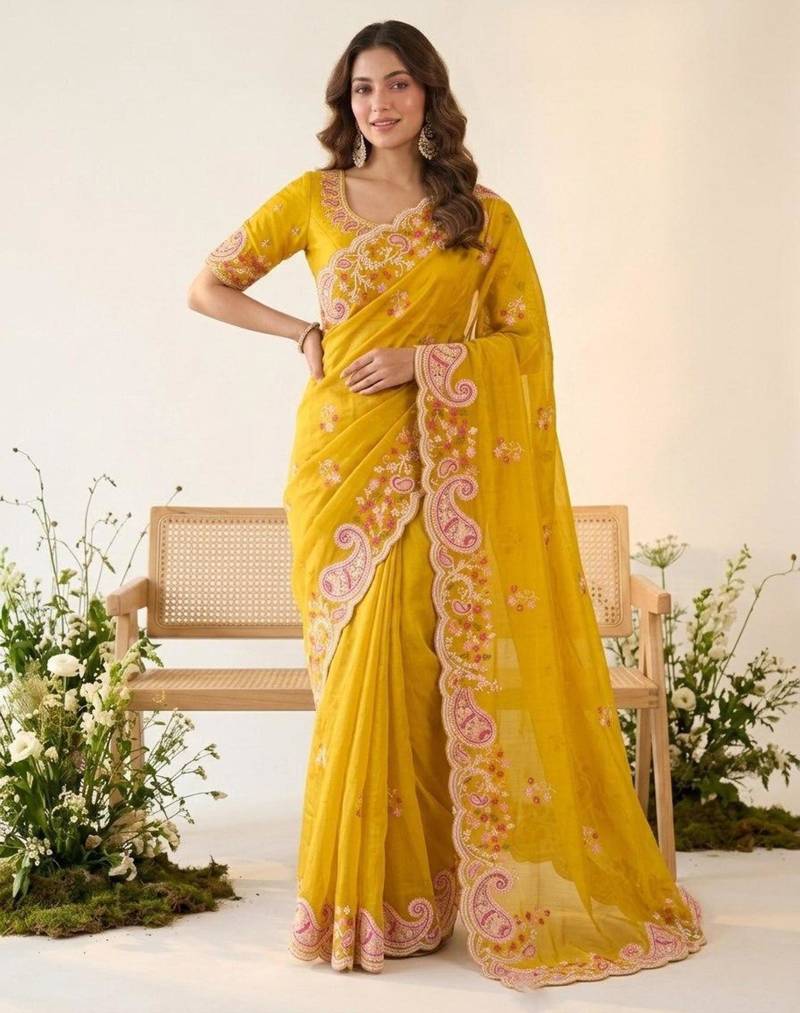 Yellow silk blend resham embroidery embroidered saree
