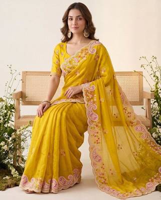 Yellow silk blend resham embroidery embroidered saree 2