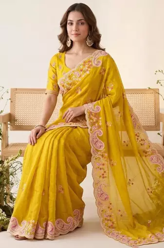Yellow silk blend resham embroidery embroidered saree