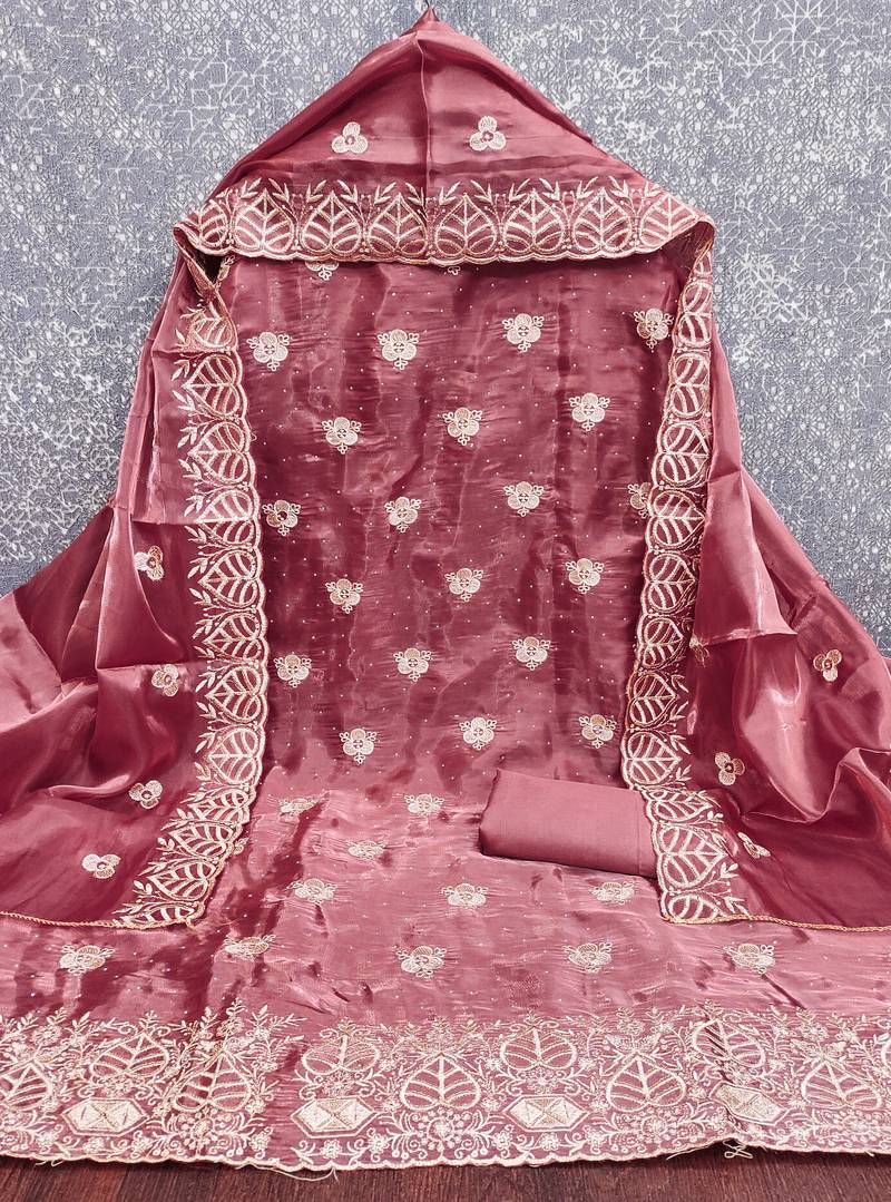  embroidered jimmy choo silk unstitched dress material with scalloped dupatta