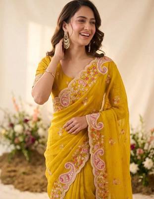 Yellow silk blend resham embroidery embroidered saree 3