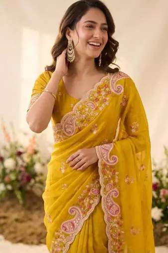 Yellow silk blend resham embroidery embroidered saree