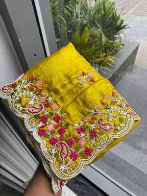 Yellow silk blend resham embroidery embroidered saree 4