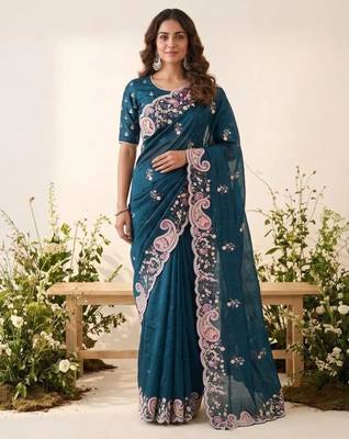 Teal silk blend resham embroidery embroidered saree 1
