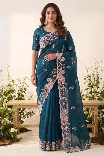 Teal silk blend resham embroidery embroidered saree
