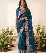 Teal silk blend resham embroidery embroidered saree