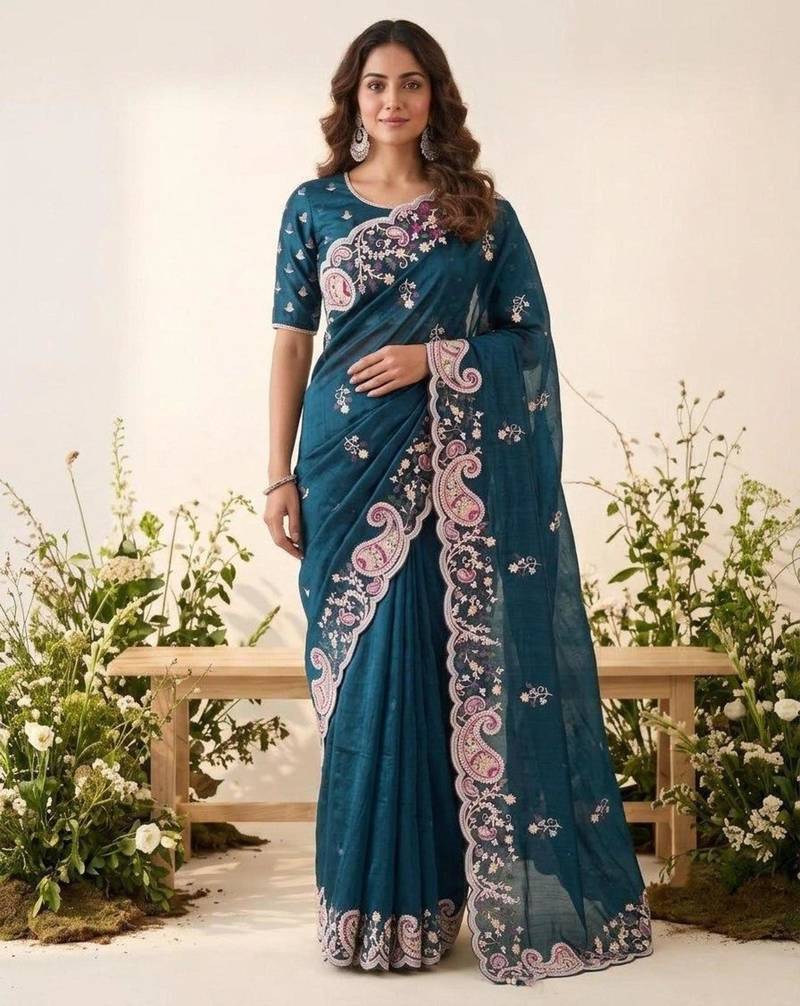 Teal silk blend resham embroidery embroidered saree
