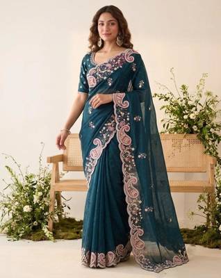 Teal silk blend resham embroidery embroidered saree 2