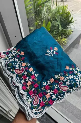 Teal silk blend resham embroidery embroidered saree