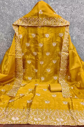  embroidered jimmy choo silk unstitched dress material with scalloped dupatta