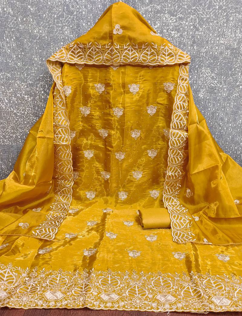 embroidered jimmy choo silk unstitched dress material with scalloped dupatta
