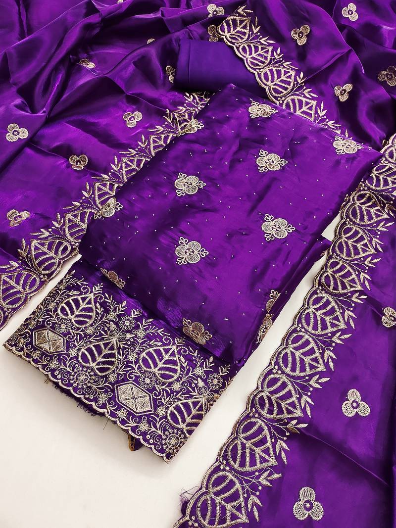  embroidered jimmy choo silk unstitched dress material with scalloped dupatta